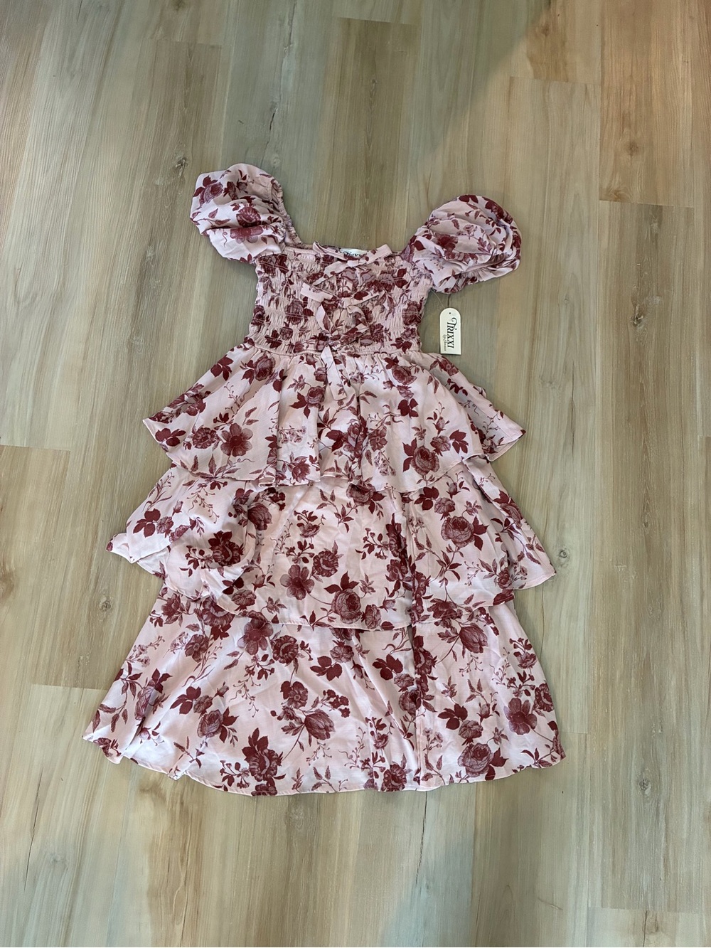 Trixxi Pink Floral Tiered Dress with Maroon Rose Print